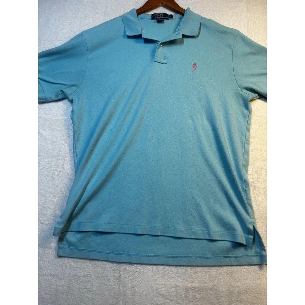 Vintage Ralph Lauren Polo Men's Shirt Large Turquoise‎ Pink Pony Preppy Blue